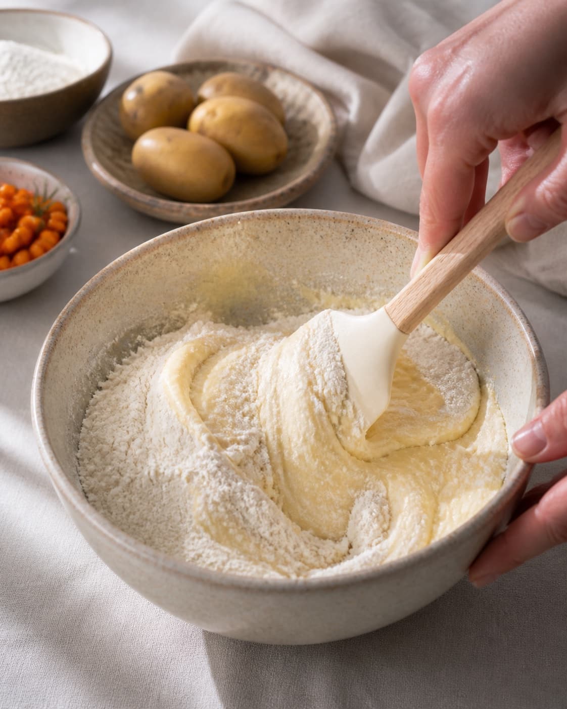The batter or dough for kage med kartofler og mascarponecreme med havtorn being gently combined under tilberedningen af kage med kartofler og mascarponecreme med havtorn