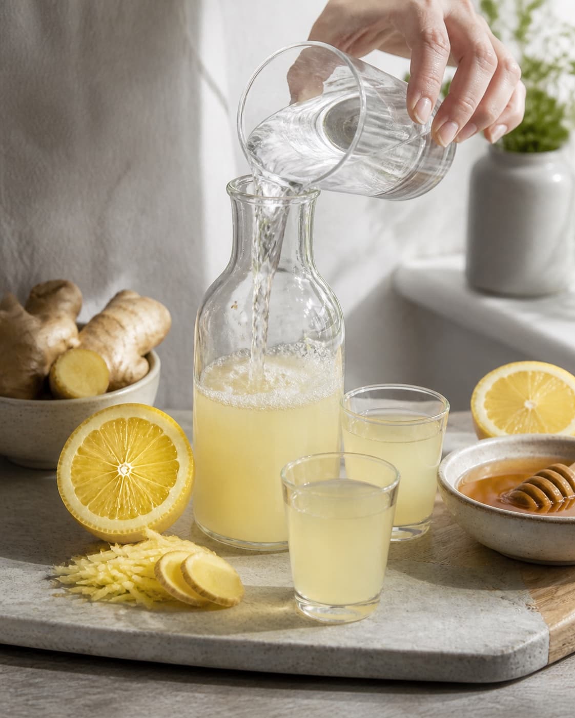 Fresh flavour ingredients for ingefærshot med citron og honning prepared with frisk ingefær, økologisk citron, honning, koldt vand eller is under tilberedningen af ingefærshot med citron og honning