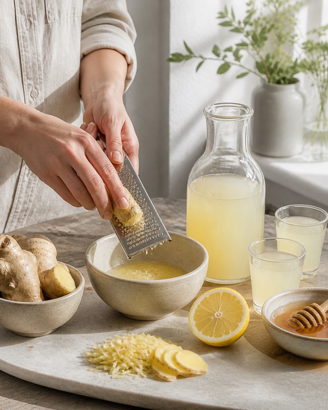 Flavour being extracted for ingefærshot med citron og honning under tilberedningen af ingefærshot med citron og honning