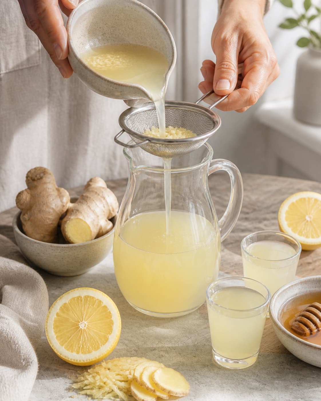 ingefærshot med citron og honning being strained into a clean pitcher under tilberedningen af ingefærshot med citron og honning