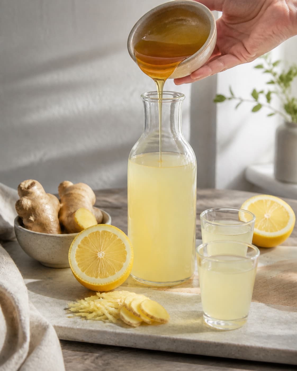 The flavour balance of ingefærshot med citron og honning being adjusted under tilberedningen af ingefærshot med citron og honning
