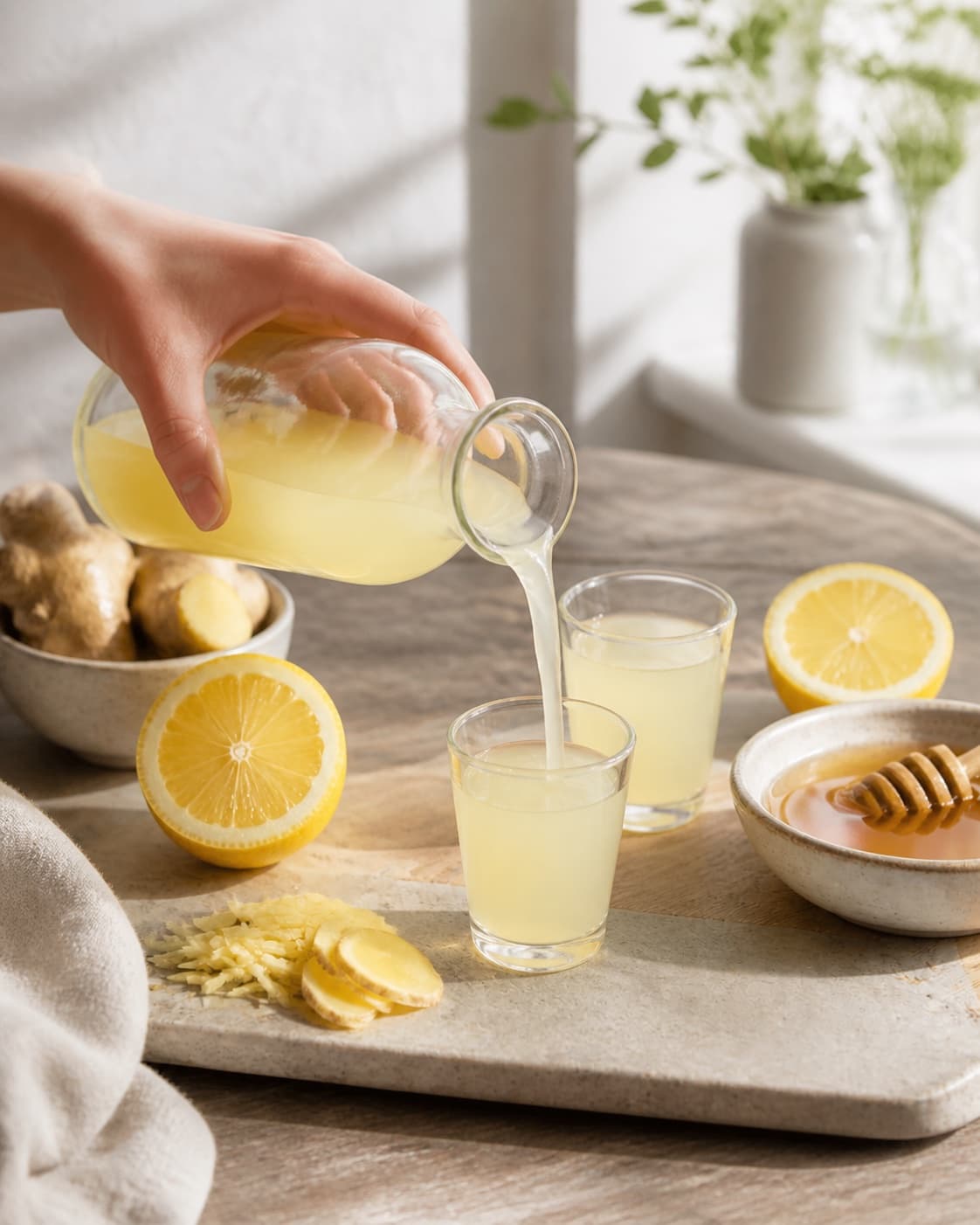 Finished ingefærshot med citron og honning being poured into a clean serving glass under tilberedningen af ingefærshot med citron og honning