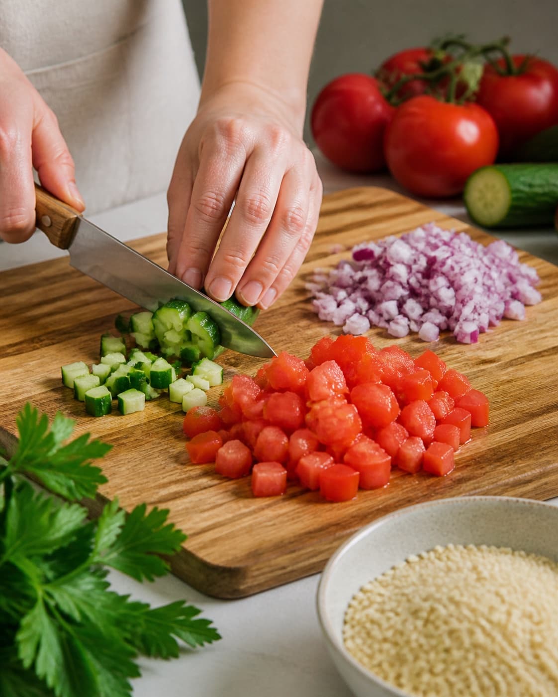Clean prepared ingredients for tabouleh salat med bulgur, tomat, rødløg og agurk with fin bulgur, modne tomater, rødløg, agurk under tilberedningen af tabouleh salat med bulgur, tomat, rødløg og agurk