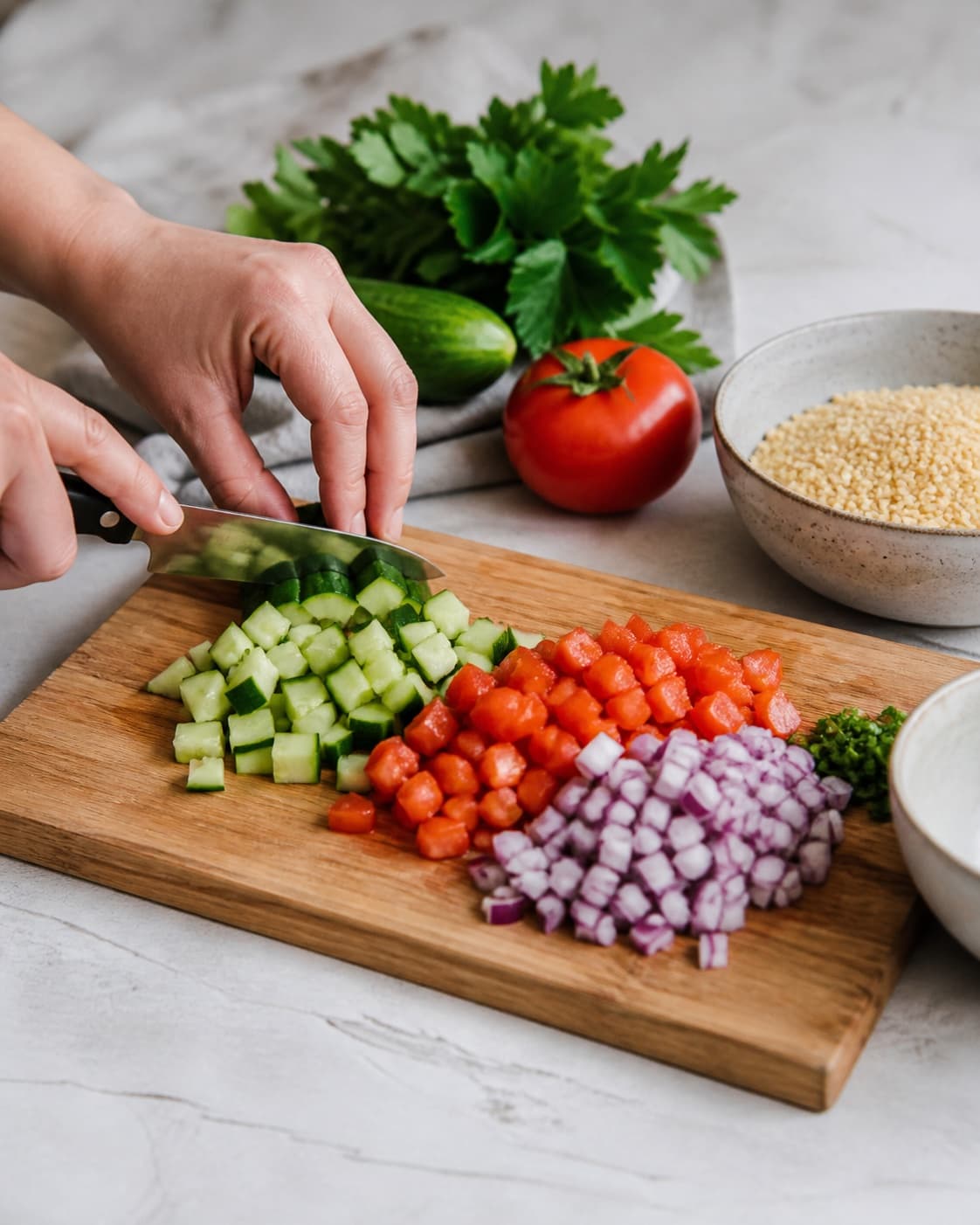 Ingredients for tabouleh salat med bulgur, tomat, rødløg og agurk being cut into even pieces under tilberedningen af tabouleh salat med bulgur, tomat, rødløg og agurk