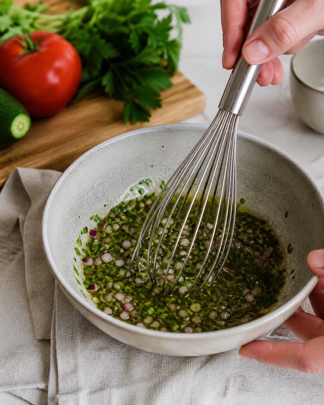 Dressing for tabouleh salat med bulgur, tomat, rødløg og agurk being whisked until glossy under tilberedningen af tabouleh salat med bulgur, tomat, rødløg og agurk