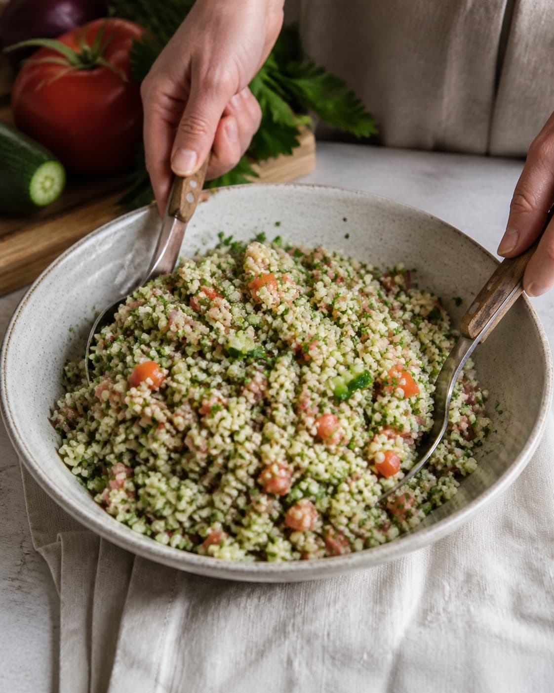 tabouleh salat med bulgur, tomat, rødløg og agurk being gently combined without crushing the ingredients under tilberedningen af tabouleh salat med bulgur, tomat, rødløg og agurk