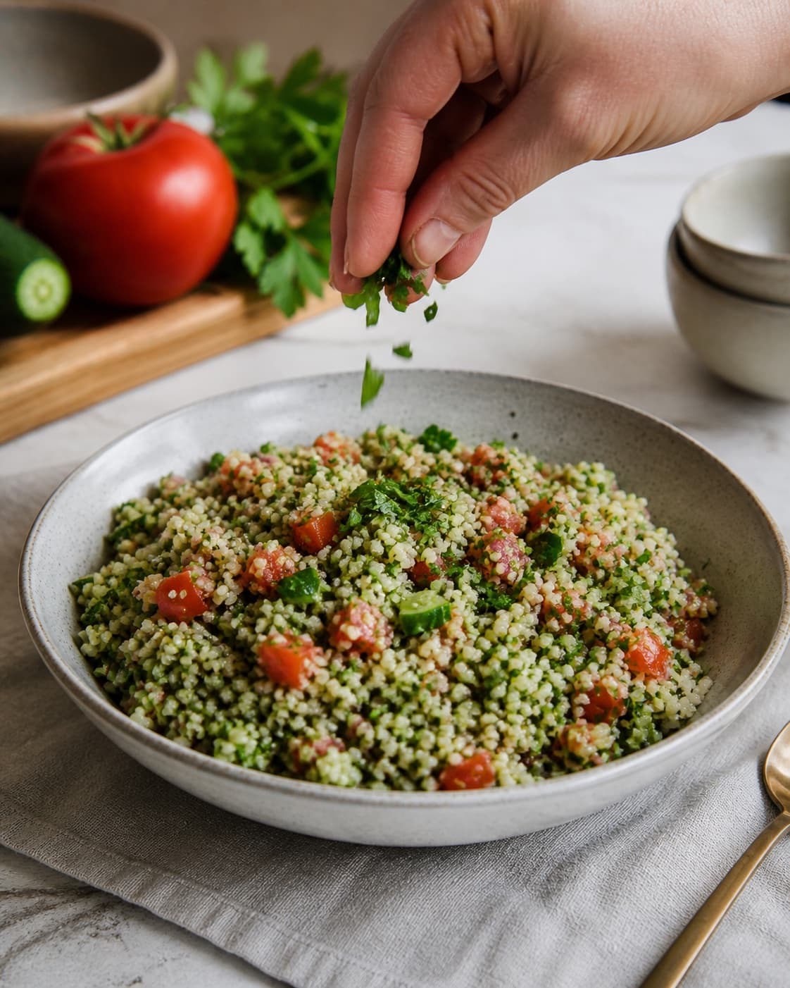 Fresh finished tabouleh salat med bulgur, tomat, rødløg og agurk receiving its final garnish under tilberedningen af tabouleh salat med bulgur, tomat, rødløg og agurk
