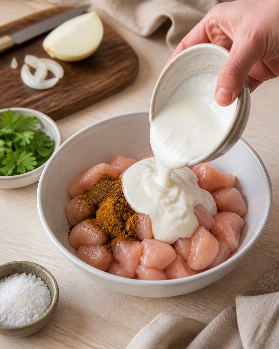 Mise en place for chicken tikka masala with kyllingekød, garam masala, græsk yoghurt, zittauerløg under tilberedningen af chicken tikka masala
