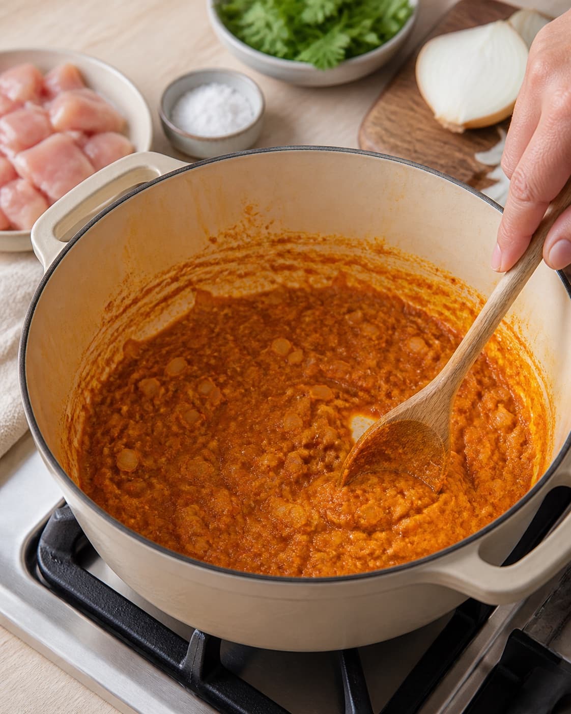 Aromatic base for chicken tikka masala gently cooking in a pot under tilberedningen af chicken tikka masala