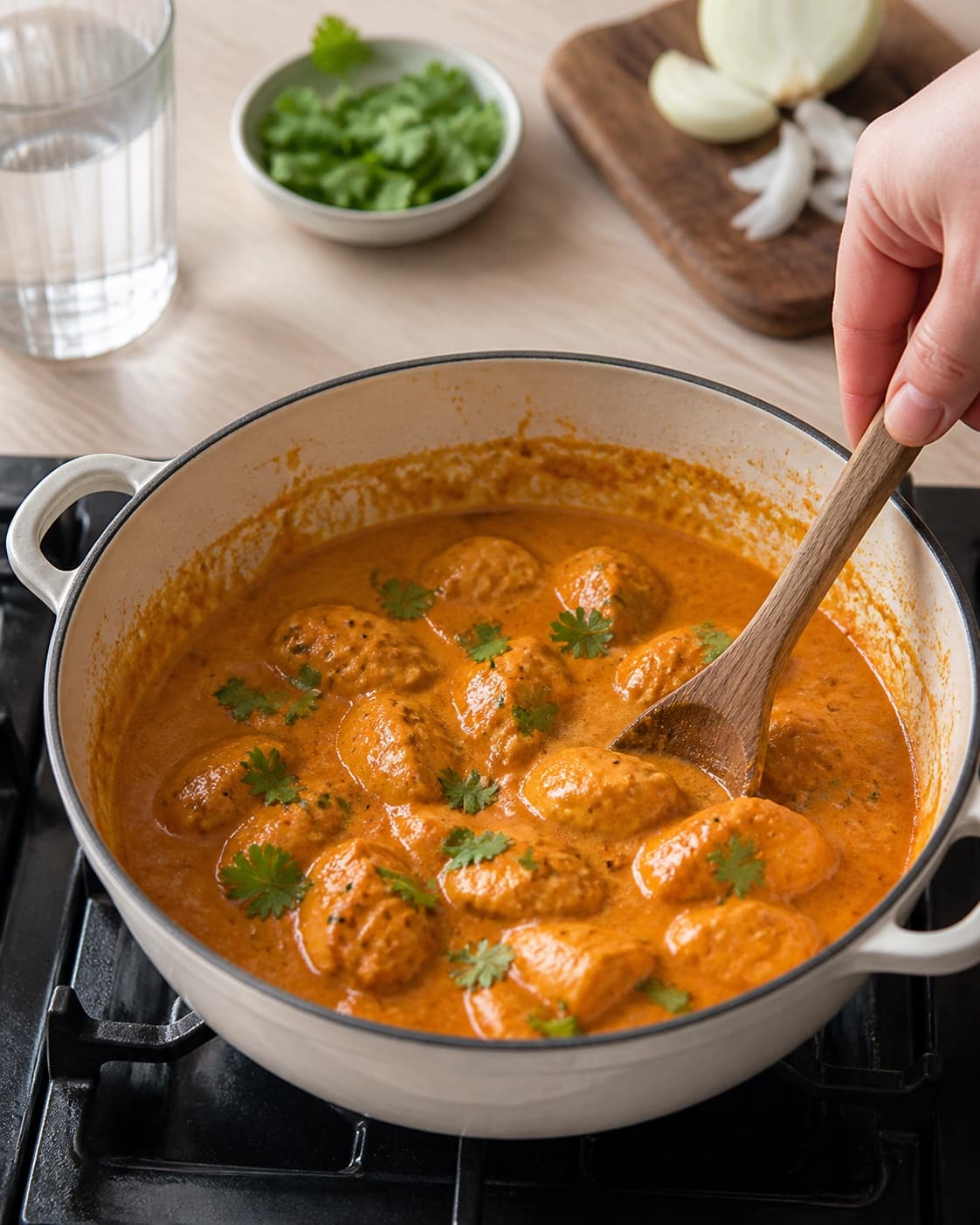 chicken tikka masala gently simmering with visible ingredients under tilberedningen af chicken tikka masala