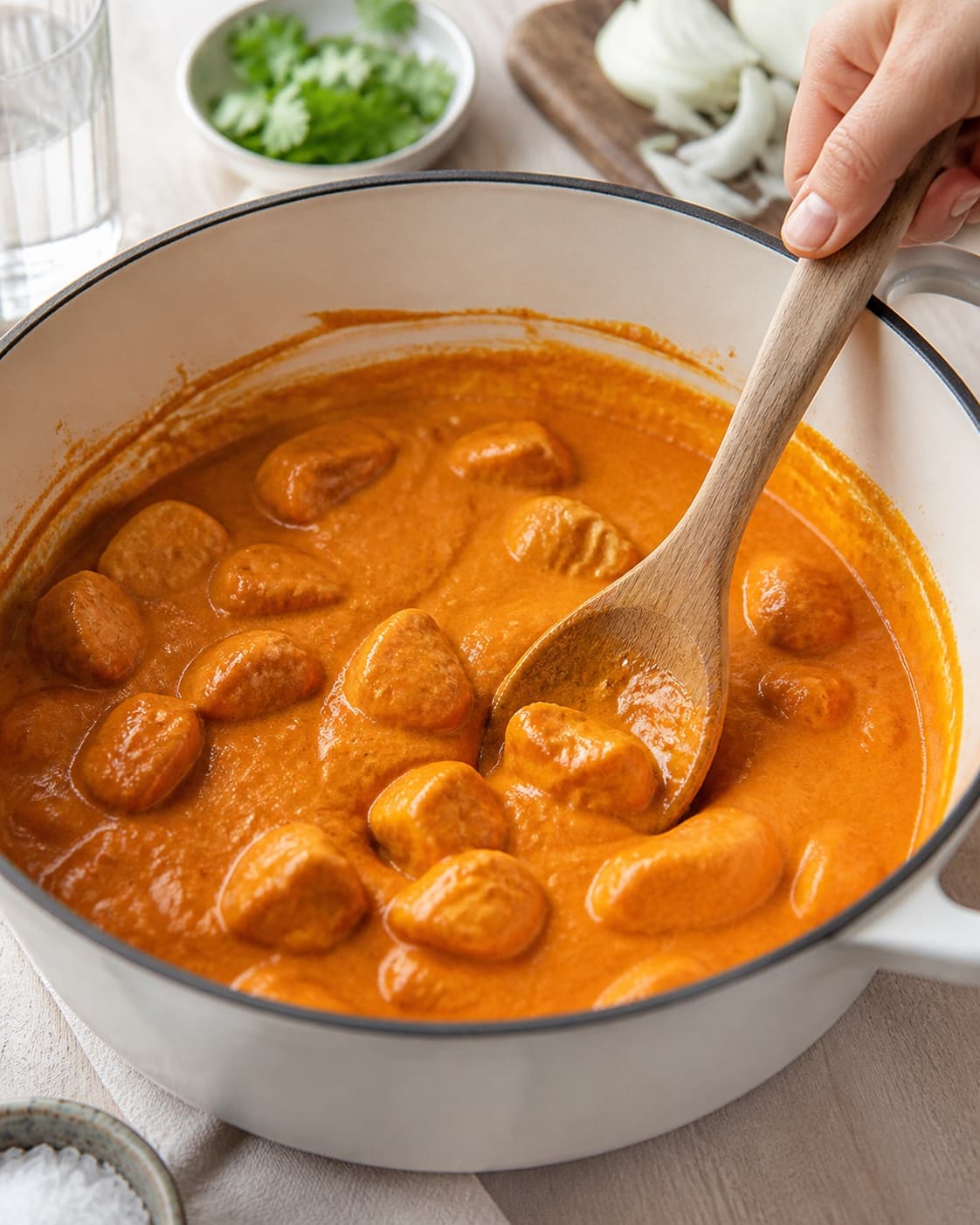 The texture of chicken tikka masala being adjusted in the pot under tilberedningen af chicken tikka masala