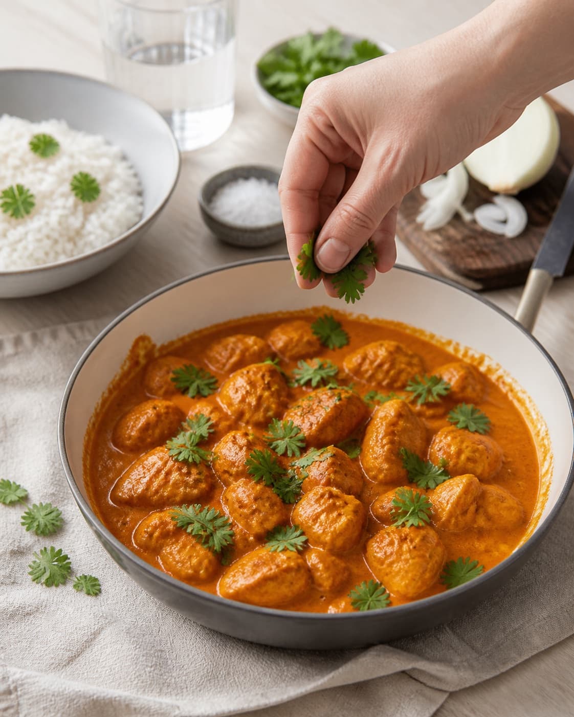 Finished chicken tikka masala being served with a fresh restrained garnish under tilberedningen af chicken tikka masala