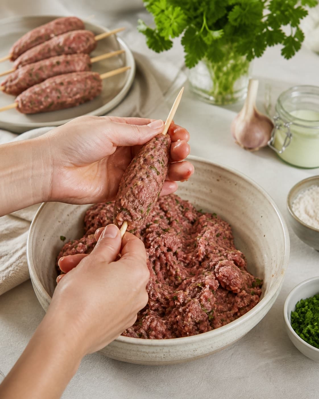 Prepared mixture for kofta på spyd with hakket lam og okse, æg, hvedemel, mælk under tilberedningen af kofta på spyd