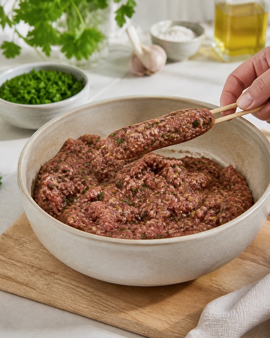 Rested cohesive mixture for kofta på spyd ready for the pan under tilberedningen af kofta på spyd