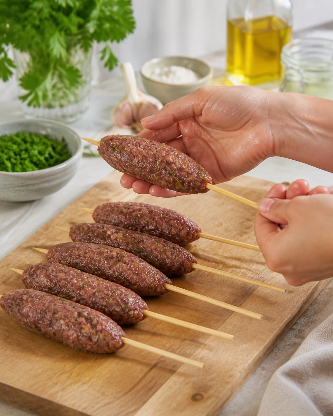 Equal portions of kofta på spyd being formed under tilberedningen af kofta på spyd