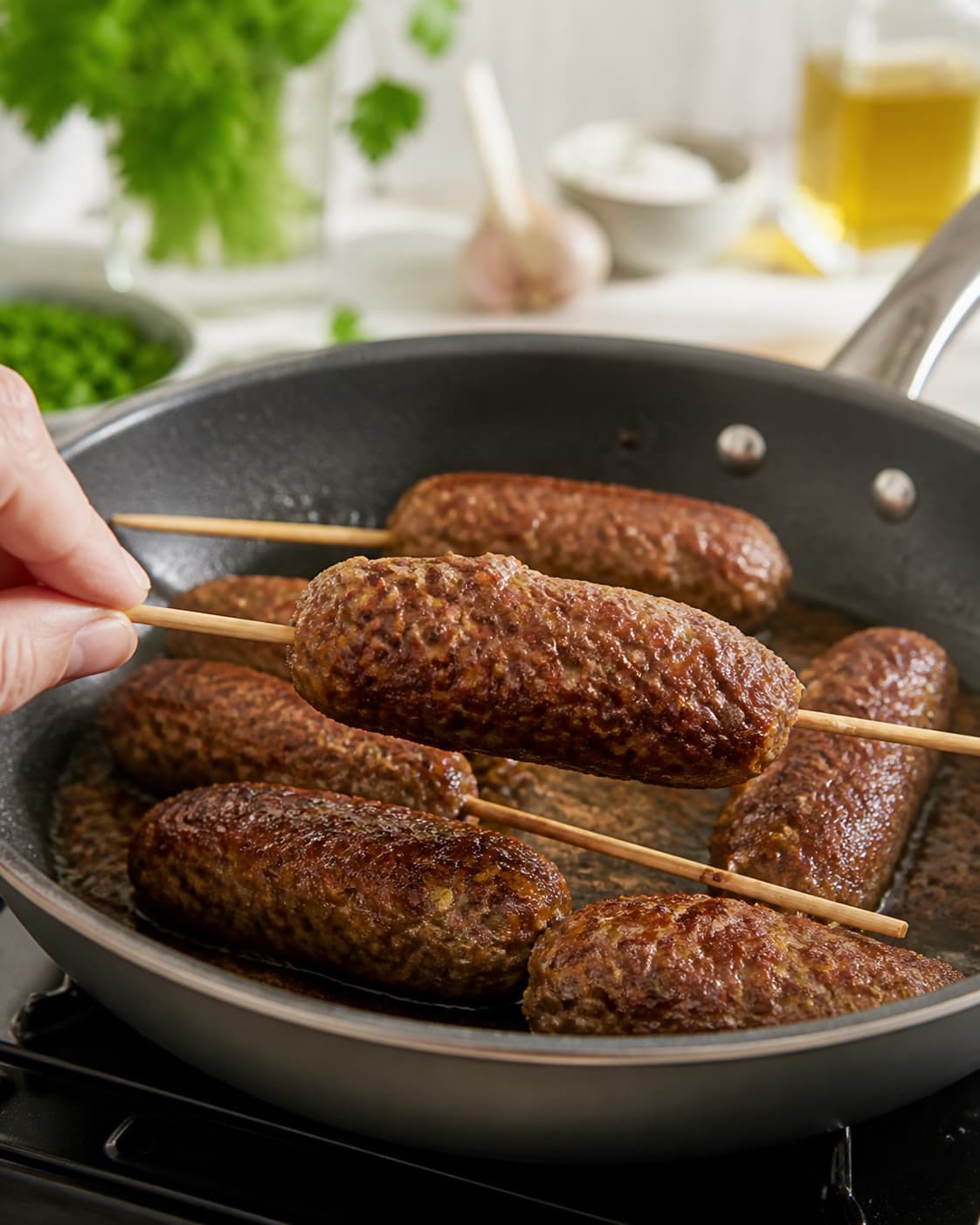 kofta på spyd frying to an even golden crust in a pan under tilberedningen af kofta på spyd