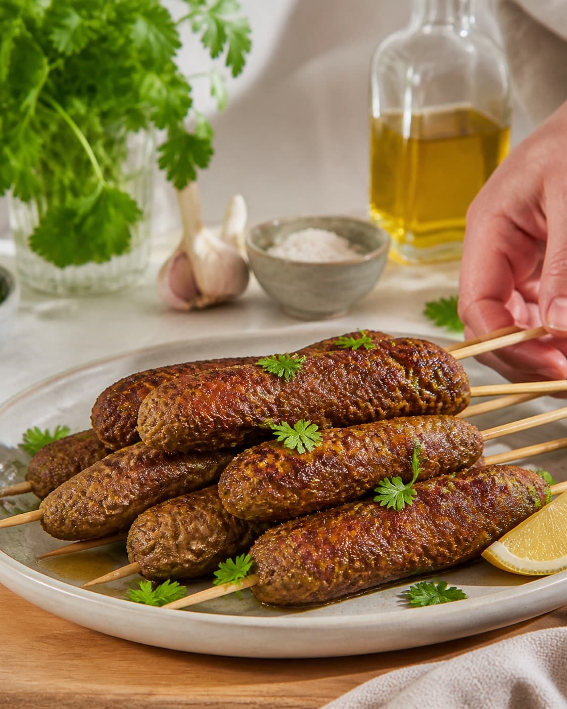 Golden kofta på spyd resting briefly before serving under tilberedningen af kofta på spyd