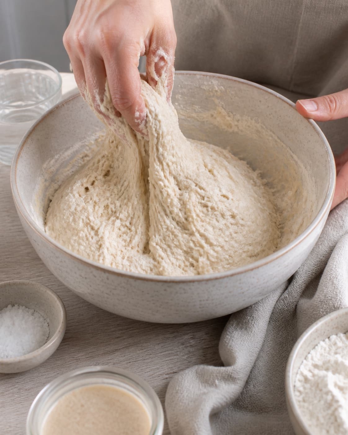 Close view of the moist dough for tyrkiske fladbrød being mixed in a bowl with hvedemel, lunkent vand, gær, fint salt under tilberedningen af tyrkiske fladbrød