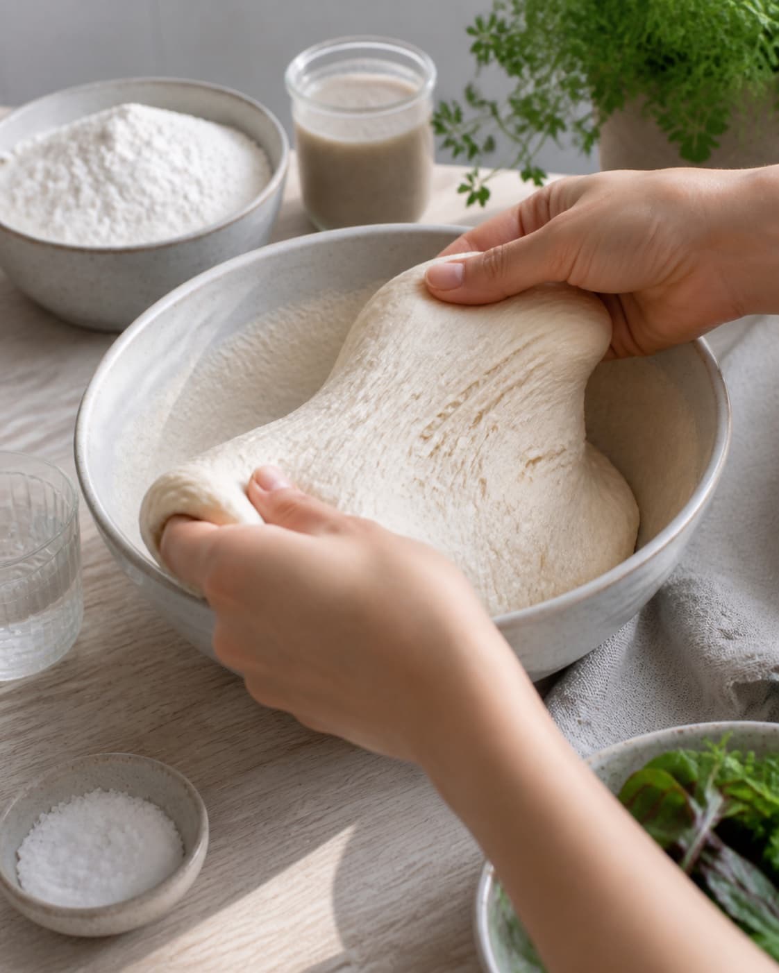 Hands gently folding elastic dough for tyrkiske fladbrød under tilberedningen af tyrkiske fladbrød