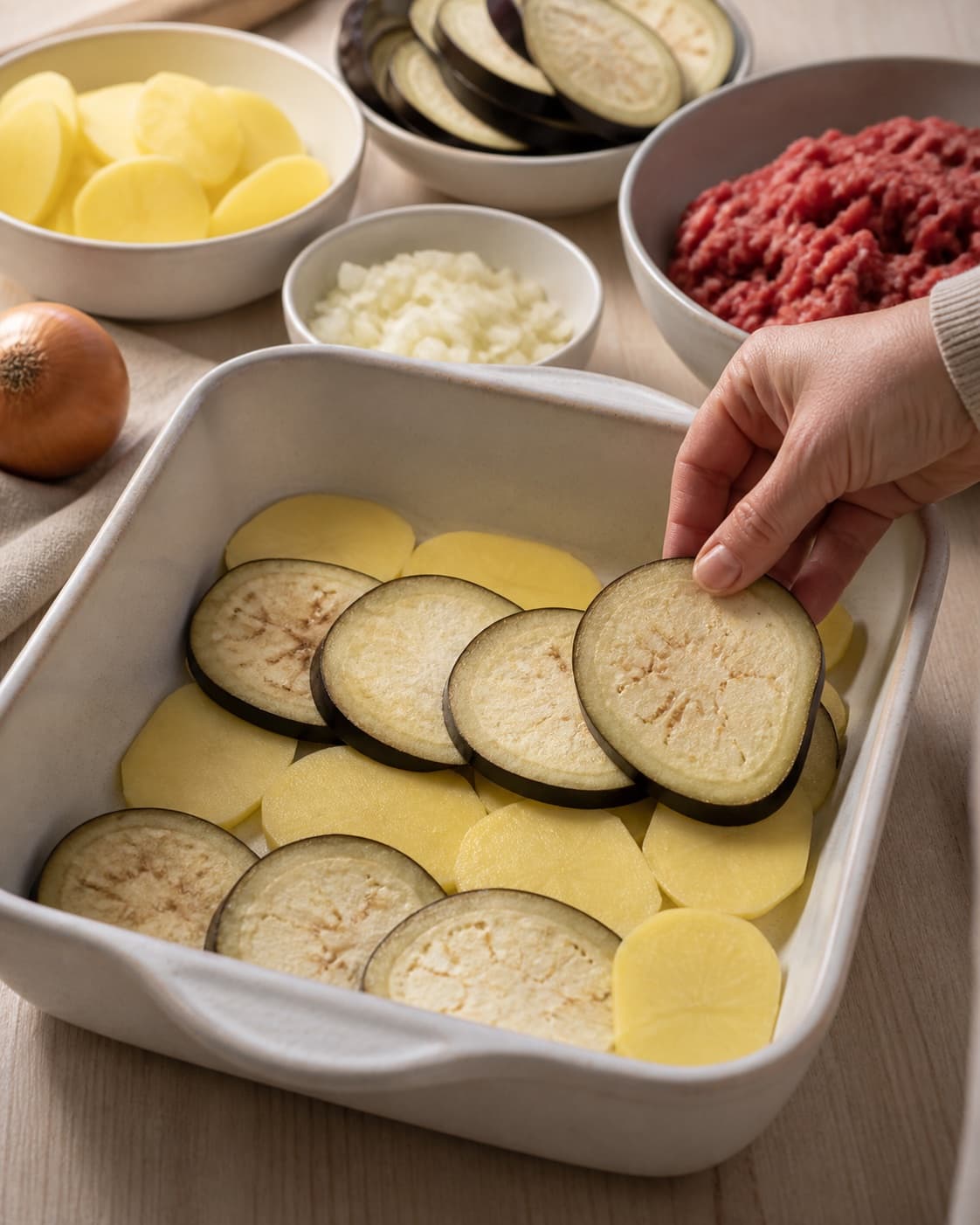 Mise en place for moussaka med aubergine og kartofler with kartofler, auberginer, hakket oksekød, zittauerløg under tilberedningen af moussaka med aubergine og kartofler