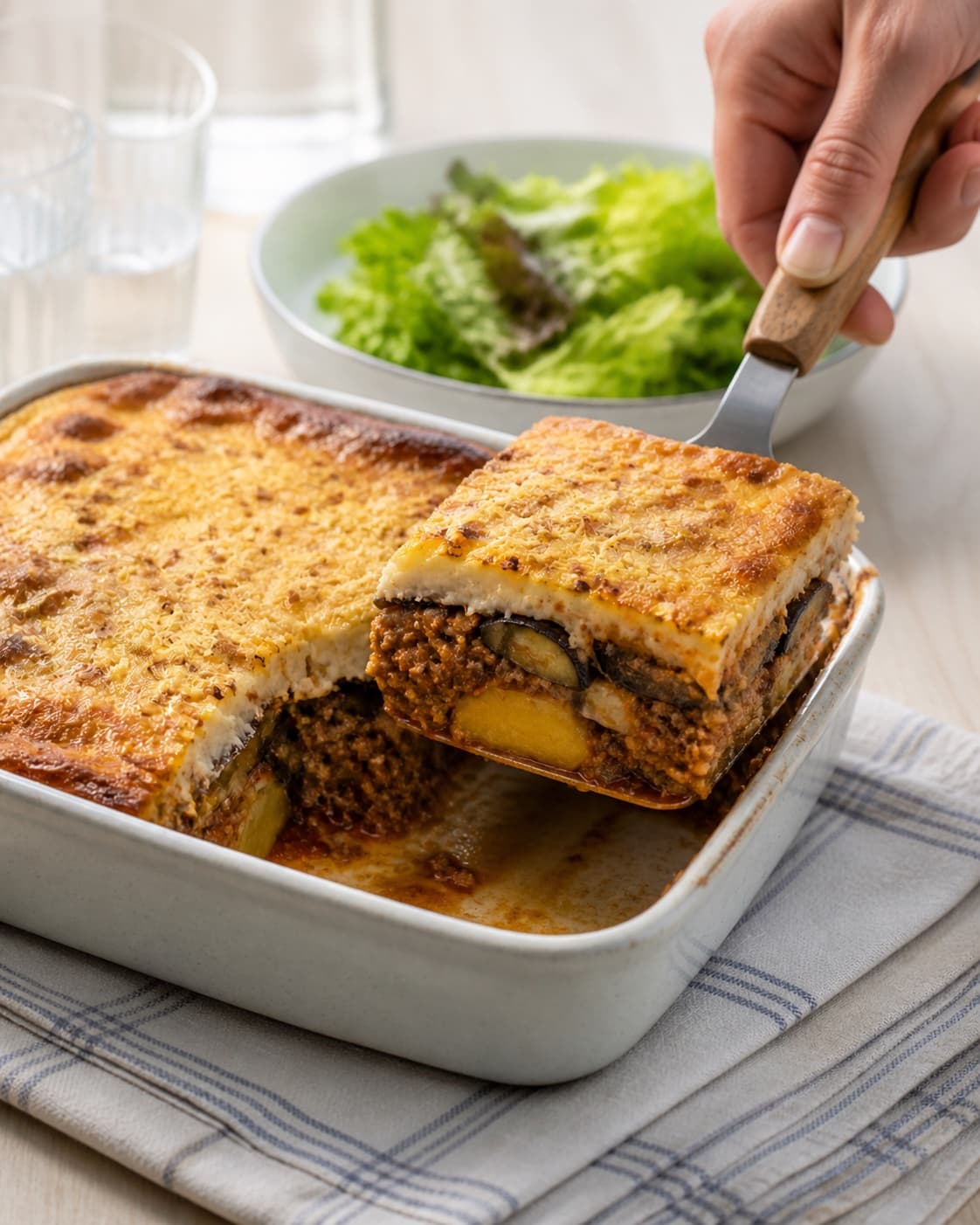 Finished moussaka med aubergine og kartofler being served with a fresh restrained garnish under tilberedningen af moussaka med aubergine og kartofler