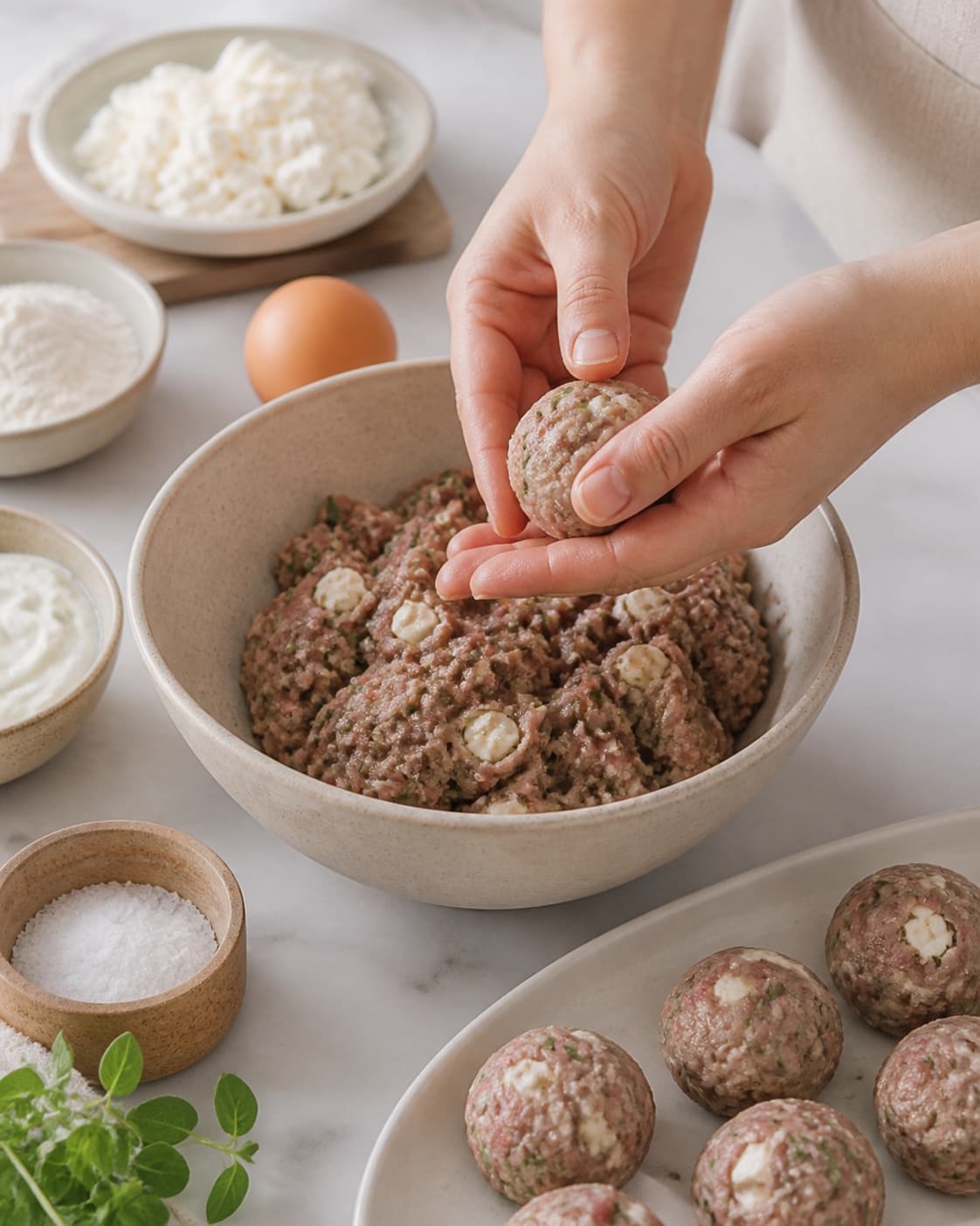 Equal portions of græske frikadeller med feta being formed under tilberedningen af græske frikadeller med feta