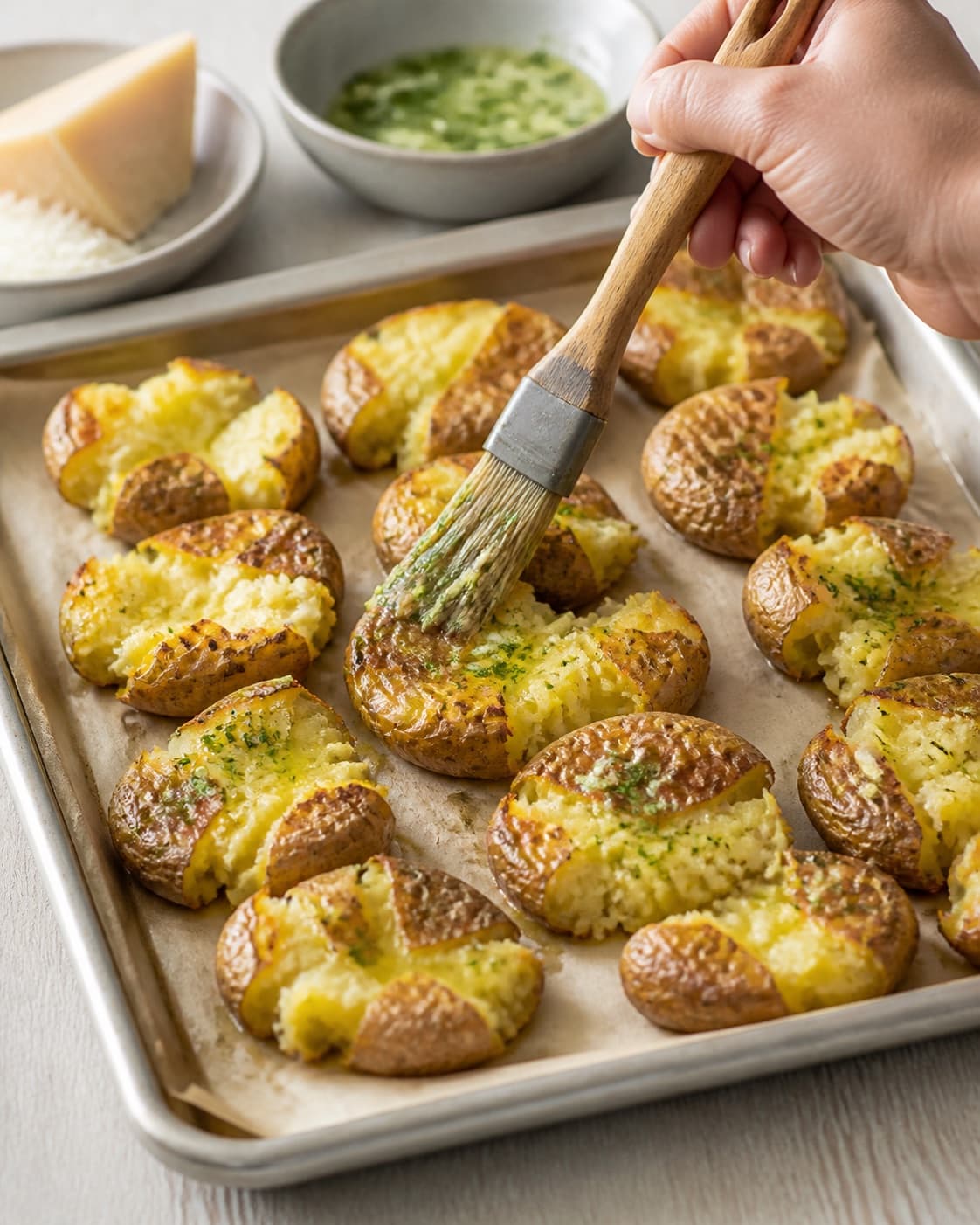 Prepared dry ingredients for knuste kartofler med hvidløgssmør og parmesan with hvidløgssmør, kartofler, parmesan, smør under tilberedningen af knuste kartofler med hvidløgssmør og parmesan