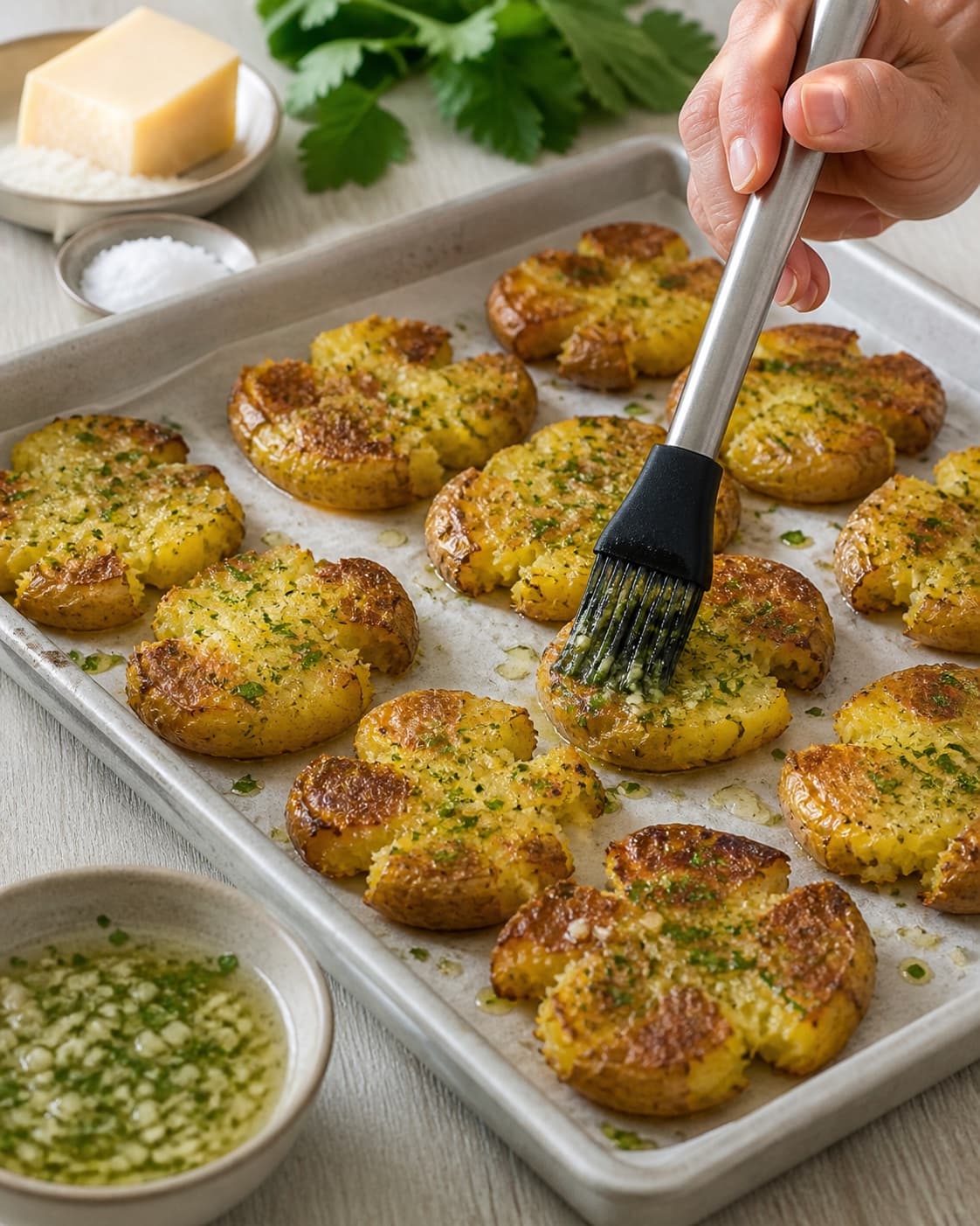knuste kartofler med hvidløgssmør og parmesan developing an even golden crust under tilberedningen af knuste kartofler med hvidløgssmør og parmesan