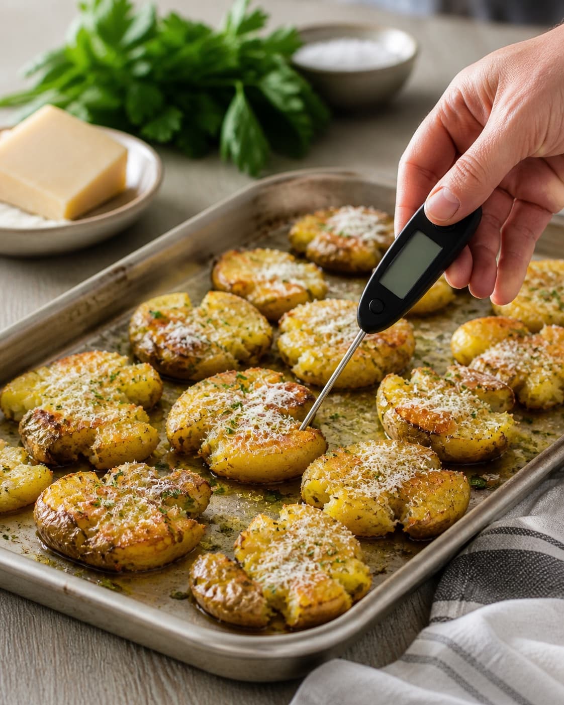 knuste kartofler med hvidløgssmør og parmesan roasting evenly while its centre temperature is checked under tilberedningen af knuste kartofler med hvidløgssmør og parmesan