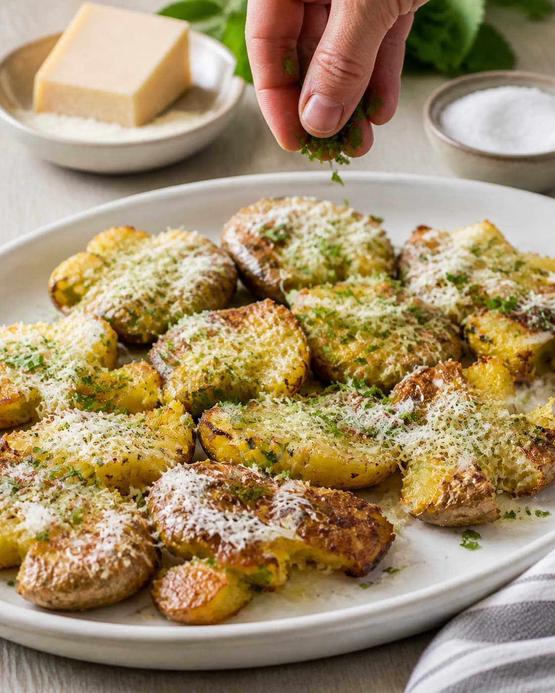 Finished knuste kartofler med hvidløgssmør og parmesan resting before the final garnish under tilberedningen af knuste kartofler med hvidløgssmør og parmesan
