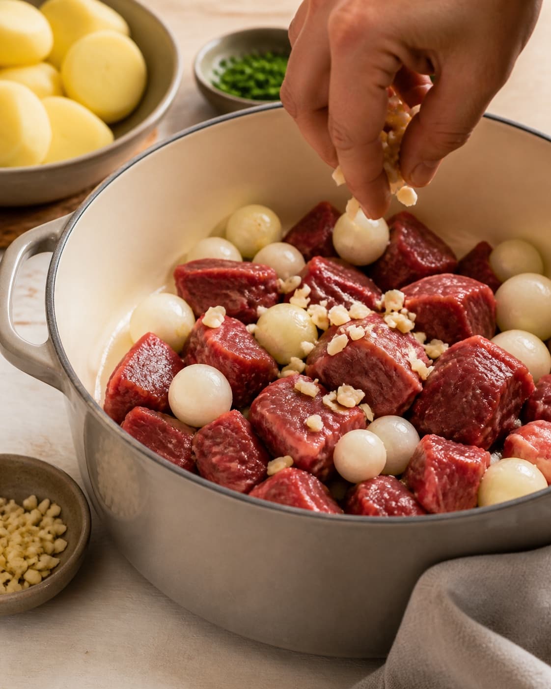 Mise en place for ungarsk gullasch med den bedste kartoffelmos! with kartofler, oksebov, zittauerløg, hvidløg under tilberedningen af ungarsk gullasch med den bedste kartoffelmos!