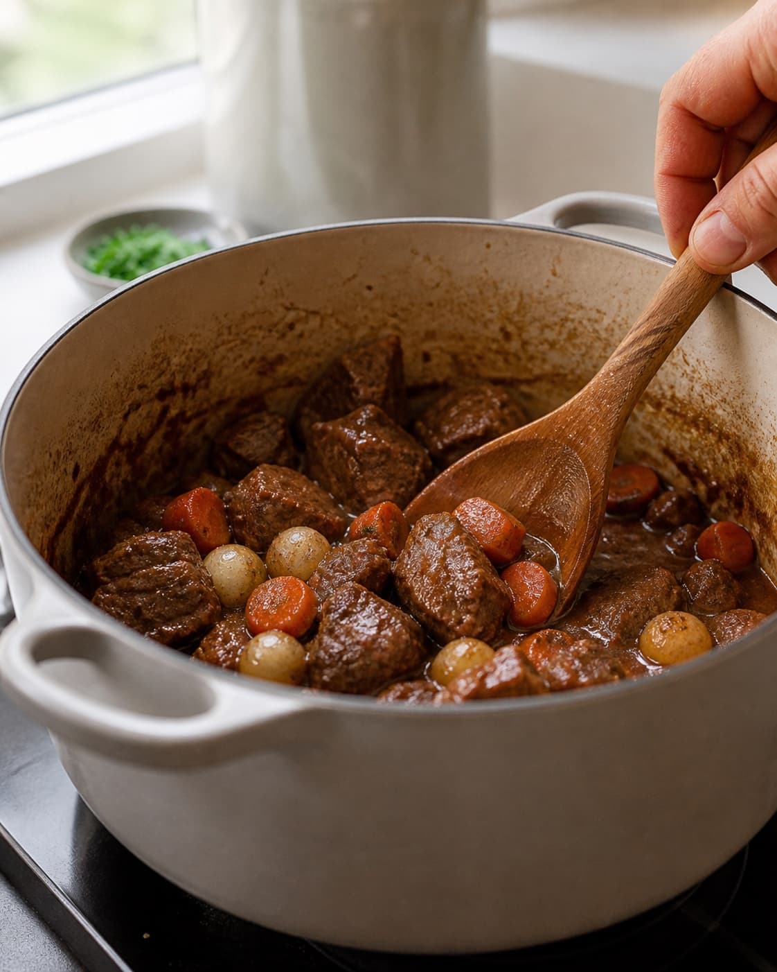 Aromatic base for ungarsk gullasch med den bedste kartoffelmos! gently cooking in a pot under tilberedningen af ungarsk gullasch med den bedste kartoffelmos!