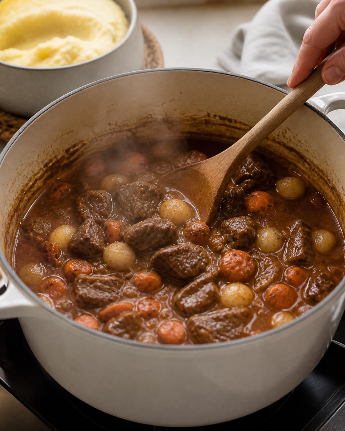ungarsk gullasch med den bedste kartoffelmos! gently simmering with visible ingredients under tilberedningen af ungarsk gullasch med den bedste kartoffelmos!