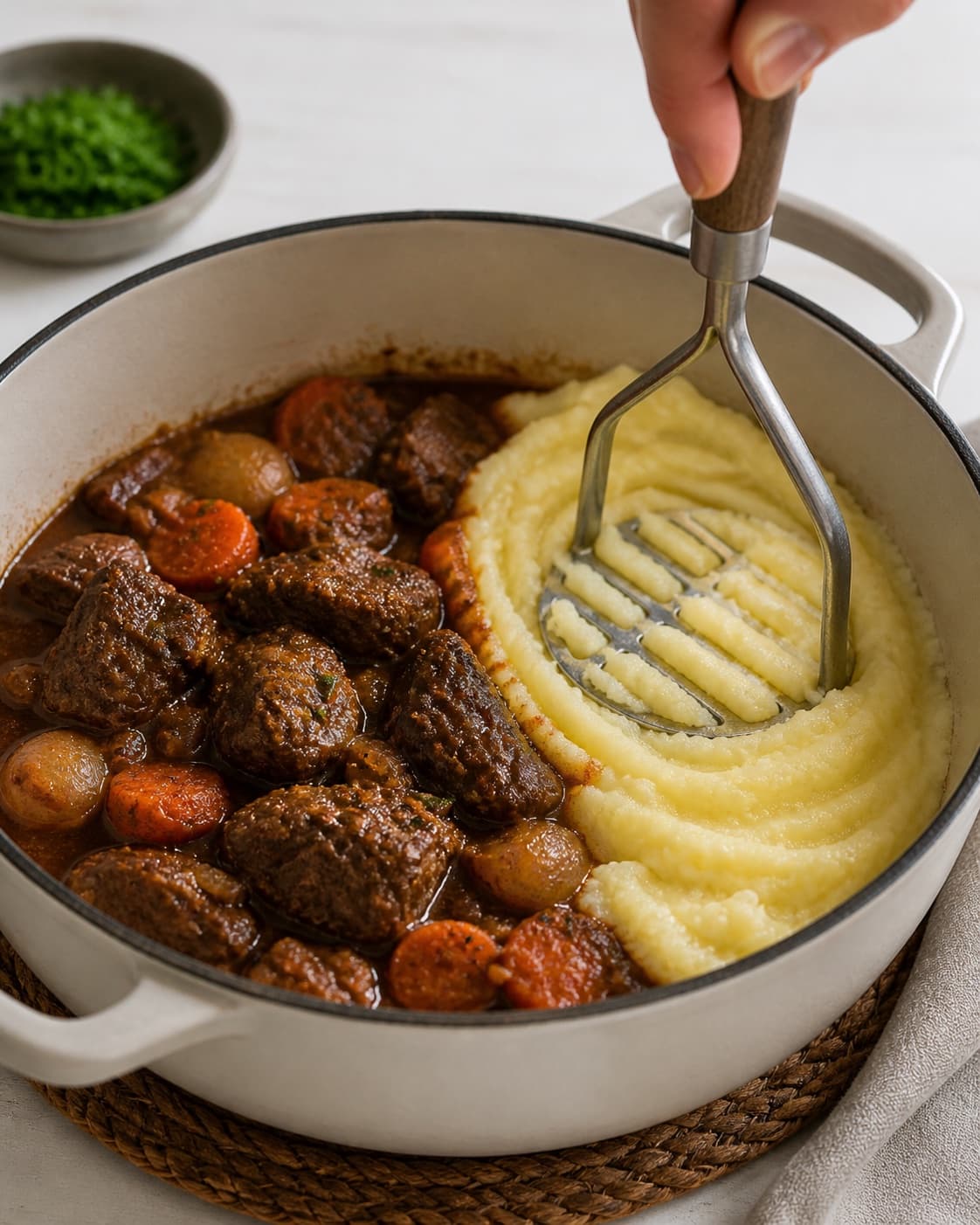 The texture of ungarsk gullasch med den bedste kartoffelmos! being adjusted in the pot under tilberedningen af ungarsk gullasch med den bedste kartoffelmos!
