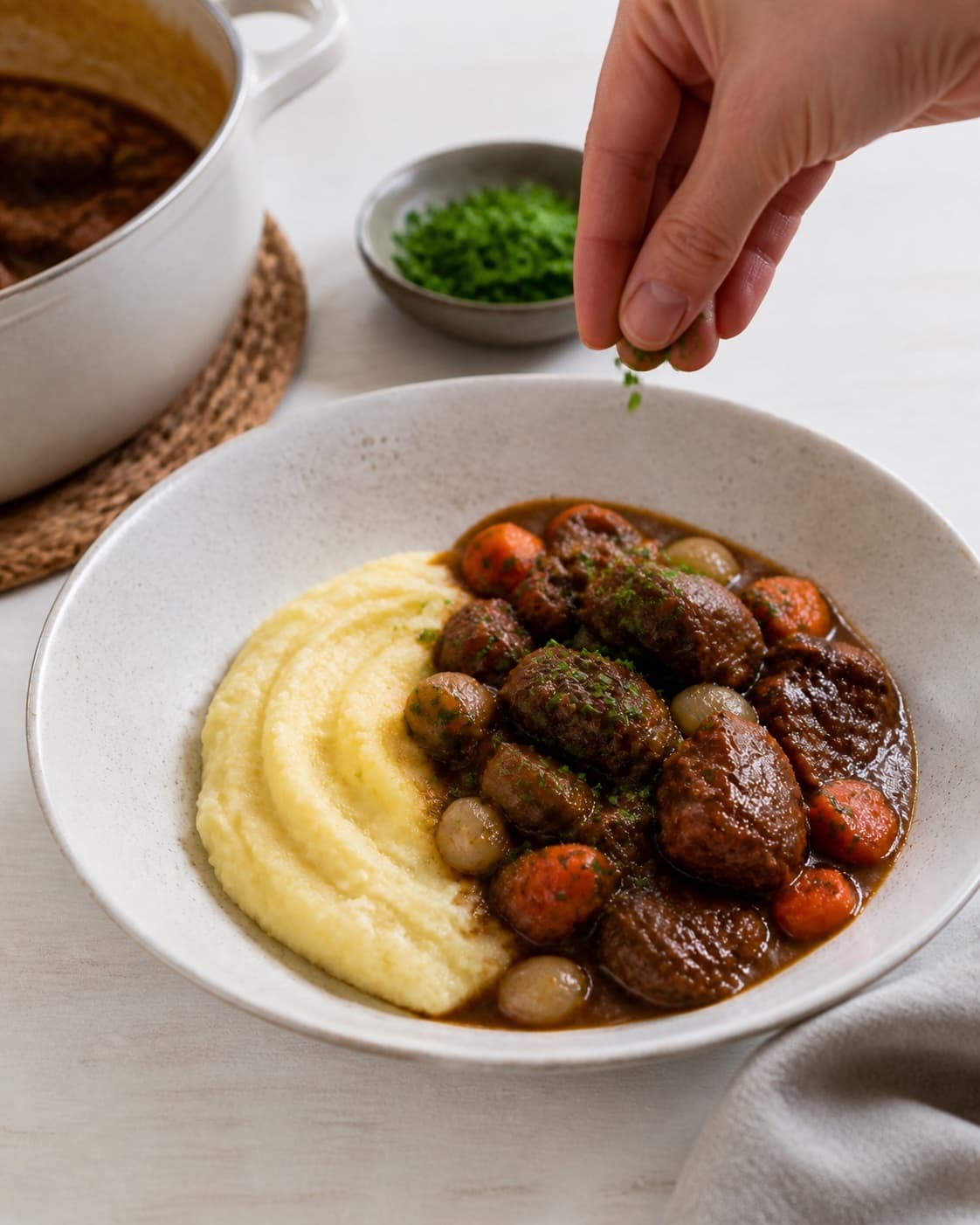 Finished ungarsk gullasch med den bedste kartoffelmos! being served with a fresh restrained garnish under tilberedningen af ungarsk gullasch med den bedste kartoffelmos!