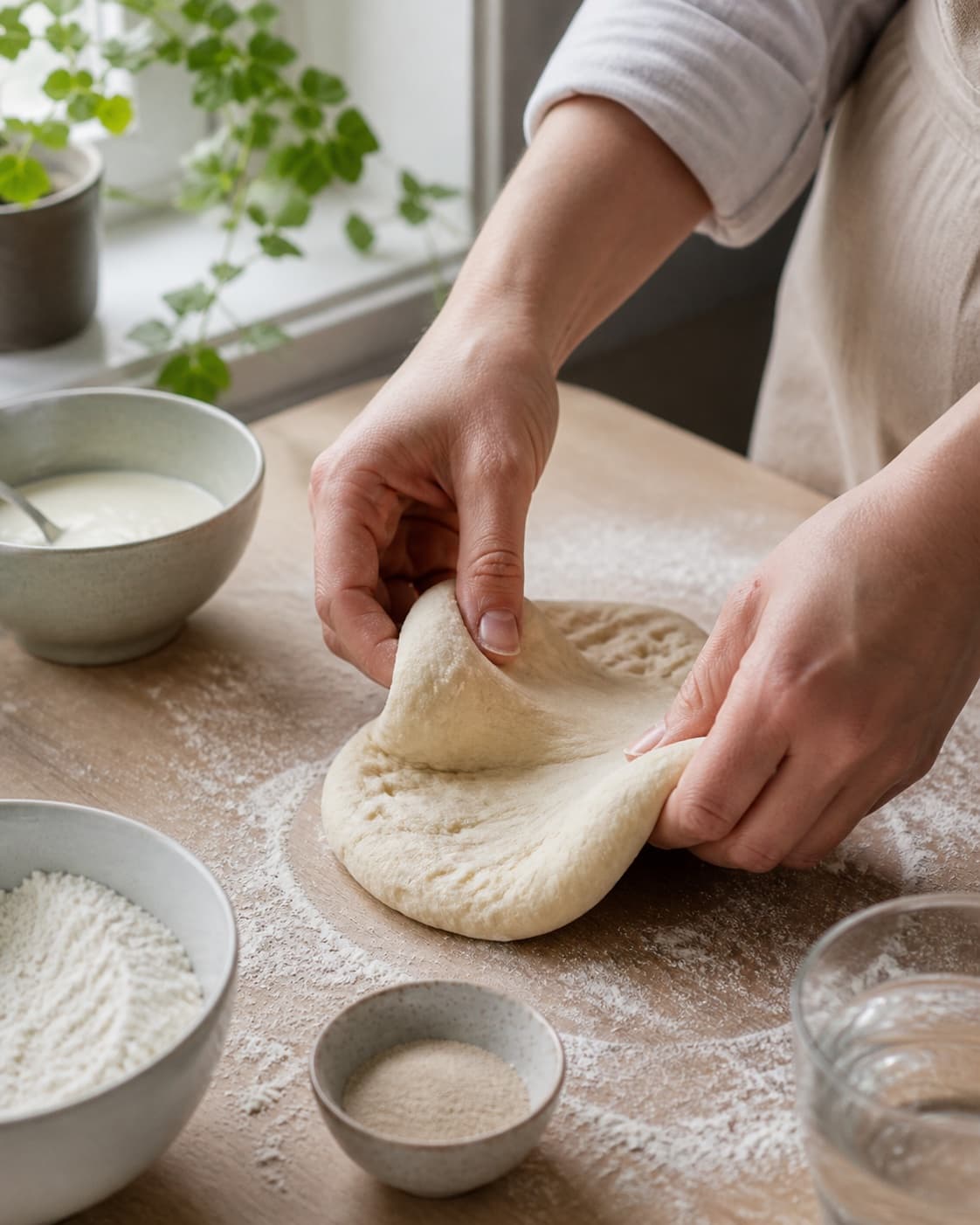 Hands gently folding elastic dough for naanbrød på panden under tilberedningen af naanbrød på panden