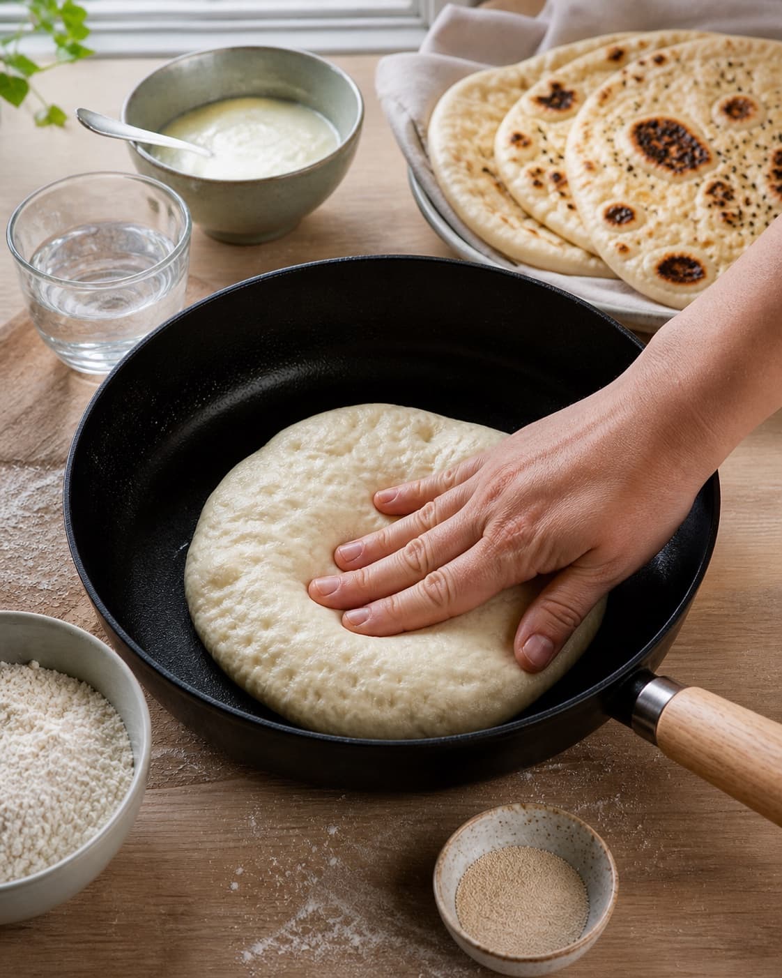 Proofed airy dough for naanbrød på panden with visible fermentation bubbles under tilberedningen af naanbrød på panden