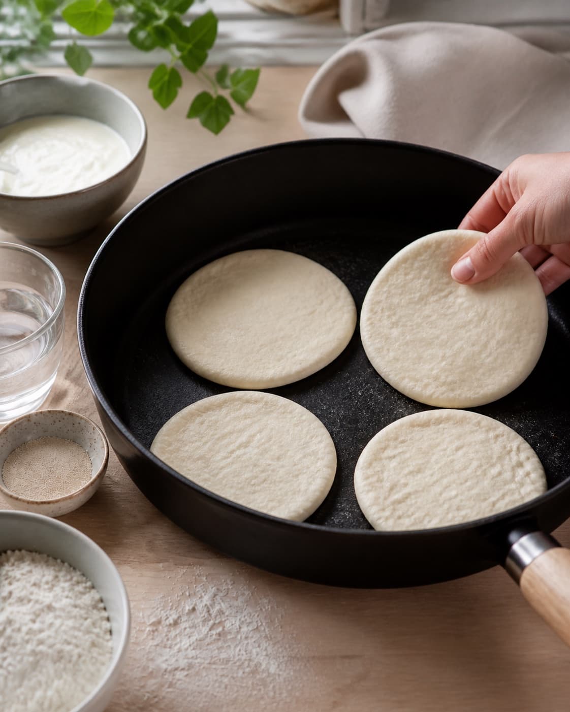 Even pieces of naanbrød på panden being shaped before baking under tilberedningen af naanbrød på panden