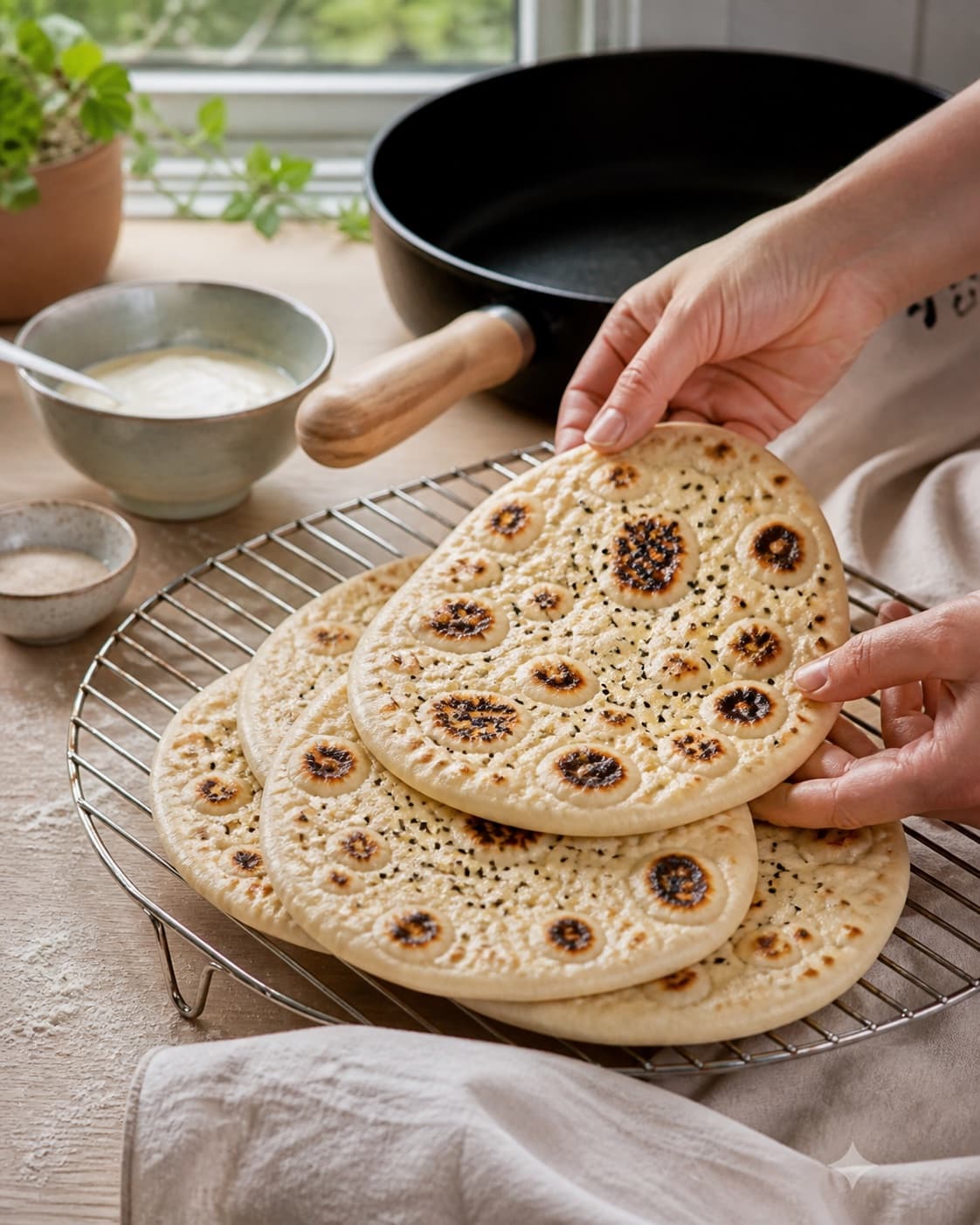 Golden baked naanbrød på panden cooling on a wire rack under tilberedningen af naanbrød på panden