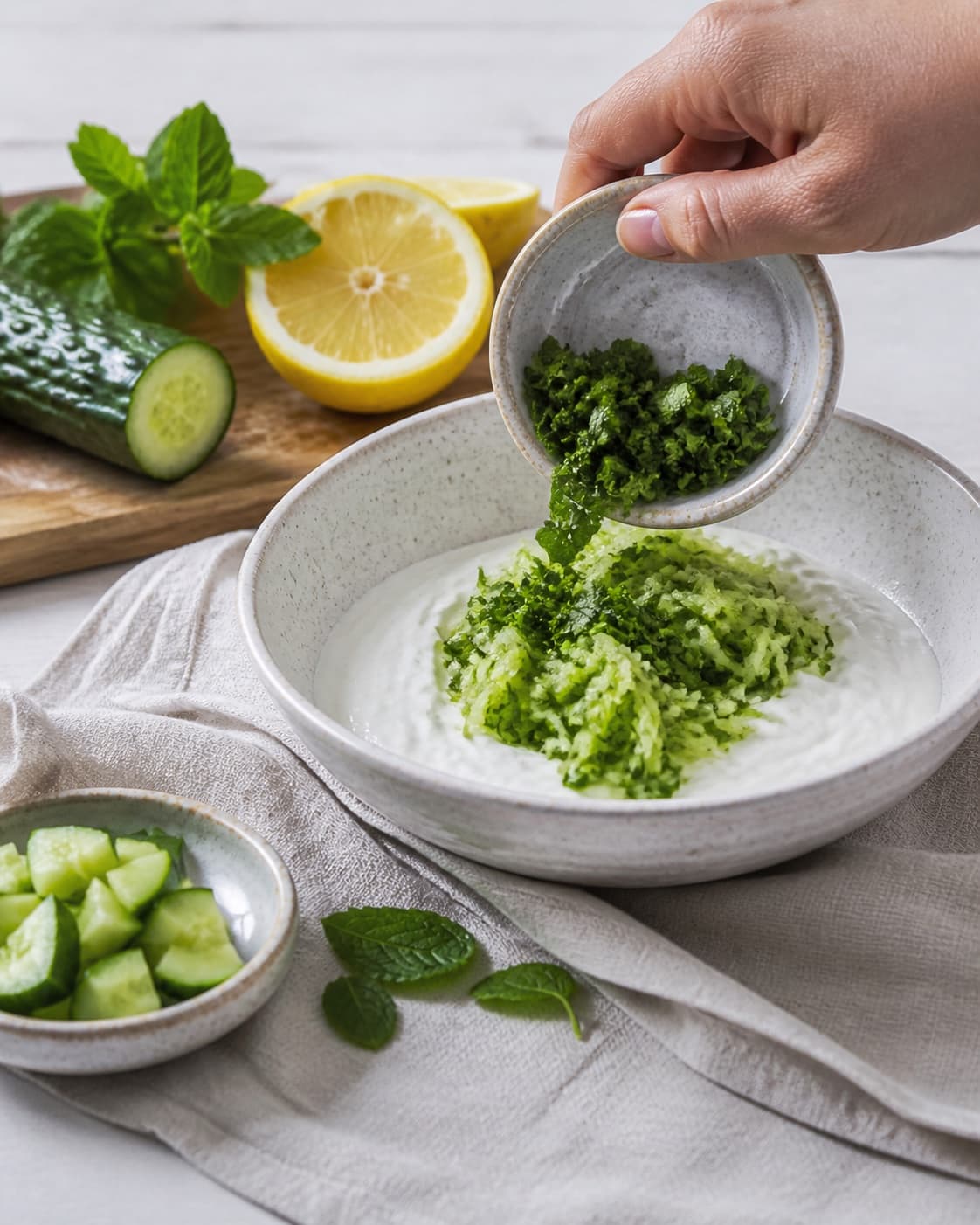 Clean prepared ingredients for raita med agurk og mynte – indisk yoghurtdip with agurk, græsk yoghurt, frisk mynte, økologisk citron under tilberedningen af raita med agurk og mynte – indisk yoghurtdip