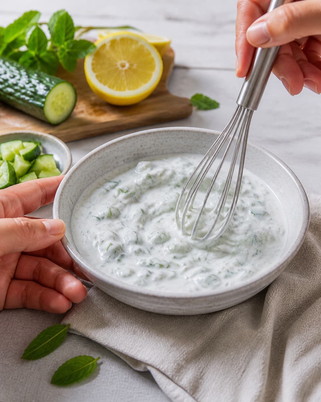 Dressing for raita med agurk og mynte – indisk yoghurtdip being whisked until glossy under tilberedningen af raita med agurk og mynte – indisk yoghurtdip