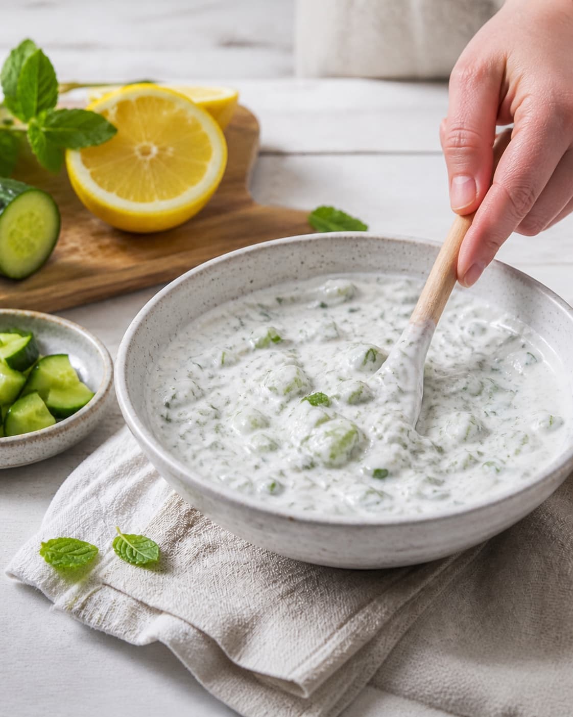 raita med agurk og mynte – indisk yoghurtdip being gently combined without crushing the ingredients under tilberedningen af raita med agurk og mynte – indisk yoghurtdip