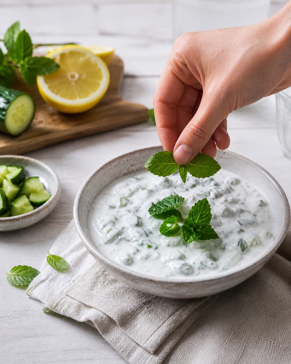 Fresh finished raita med agurk og mynte – indisk yoghurtdip receiving its final garnish under tilberedningen af raita med agurk og mynte – indisk yoghurtdip