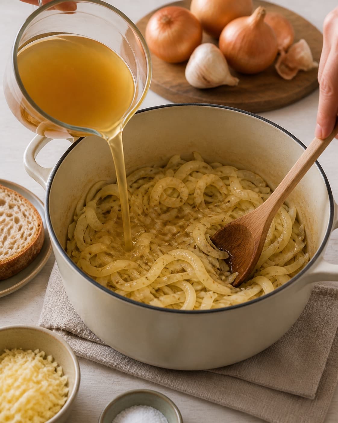 Mise en place for løgsuppe med ostebrød with zittauerløg, surdejsbrød, hvidløg, grøntsags- eller kødfond under tilberedningen af løgsuppe med ostebrød