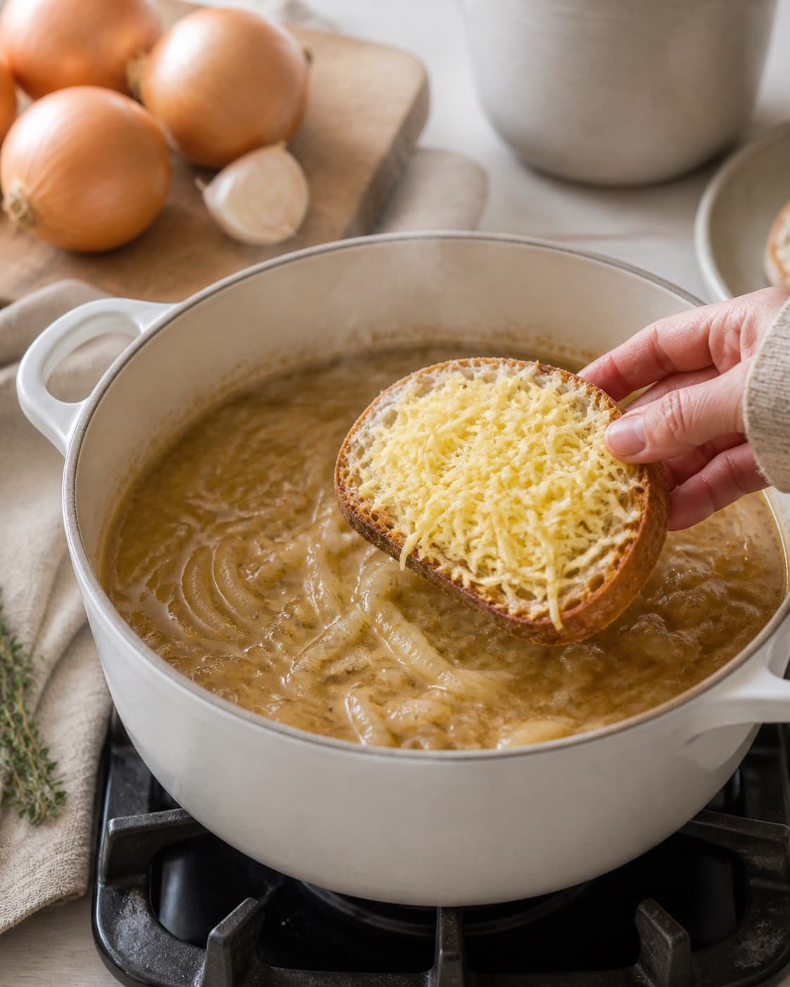 løgsuppe med ostebrød gently simmering with visible ingredients under tilberedningen af løgsuppe med ostebrød