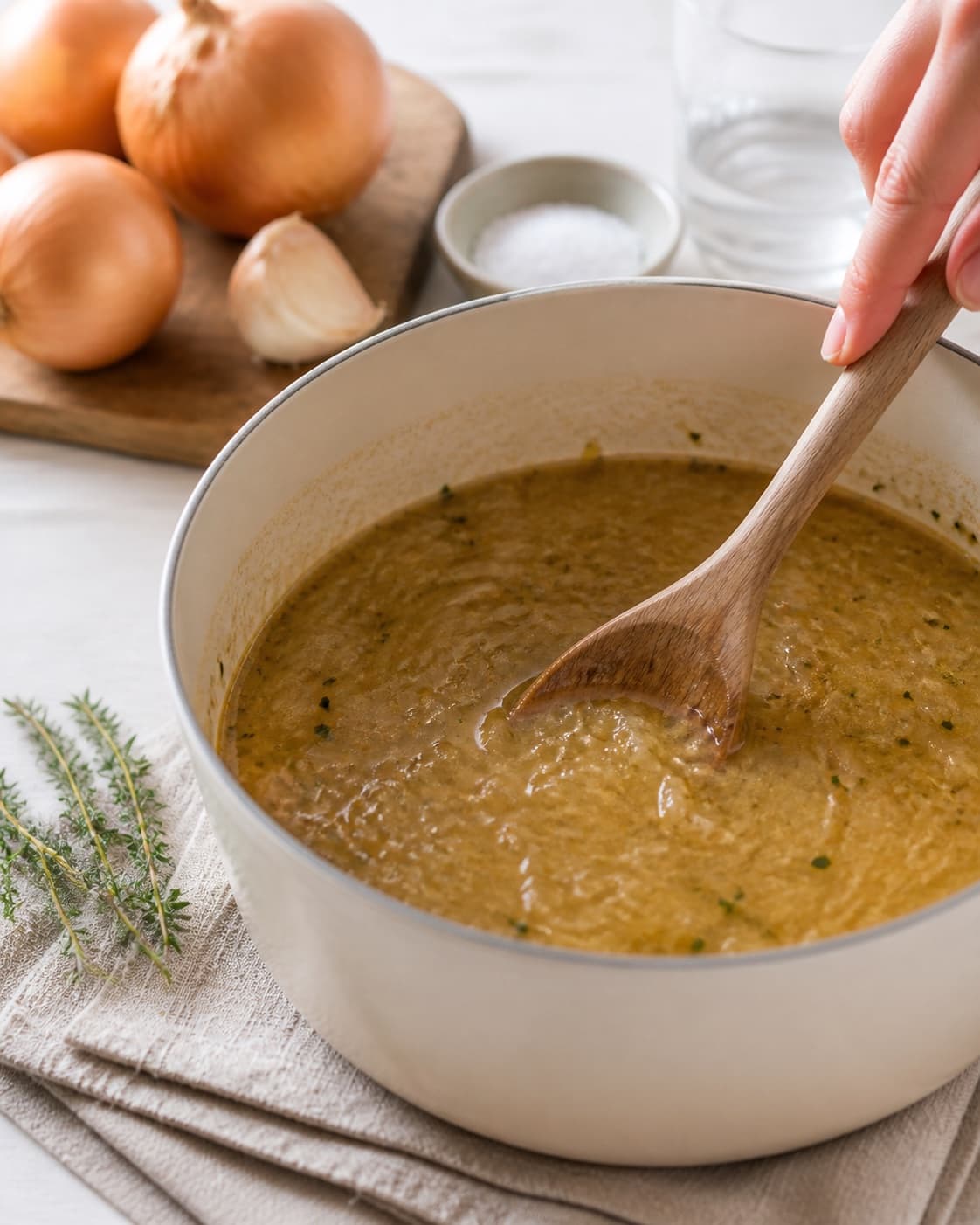 The texture of løgsuppe med ostebrød being adjusted in the pot under tilberedningen af løgsuppe med ostebrød