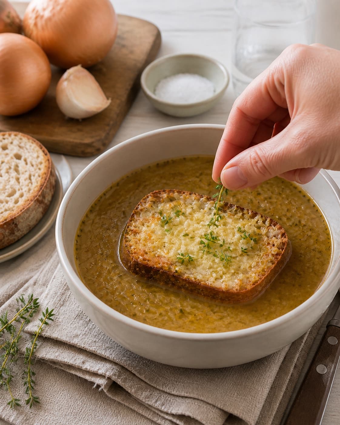 Finished løgsuppe med ostebrød being served with a fresh restrained garnish under tilberedningen af løgsuppe med ostebrød