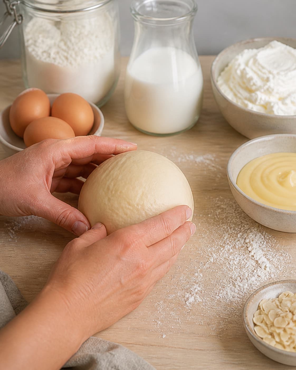 Measured ingredients for klassiske fastelavnsboller med flødeskum og creme arranged separately with piskefløde, vaniljecreme, hvedemel, sødmælk under tilberedningen af klassiske fastelavnsboller med flødeskum og creme