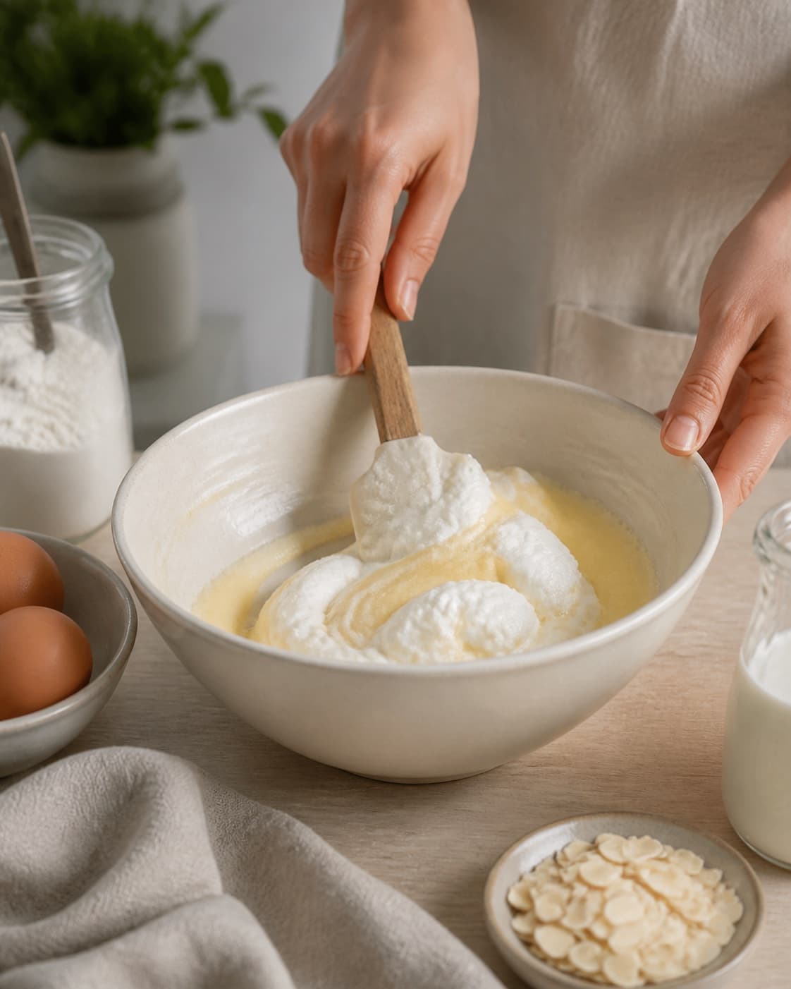 The batter or dough for klassiske fastelavnsboller med flødeskum og creme being gently combined under tilberedningen af klassiske fastelavnsboller med flødeskum og creme