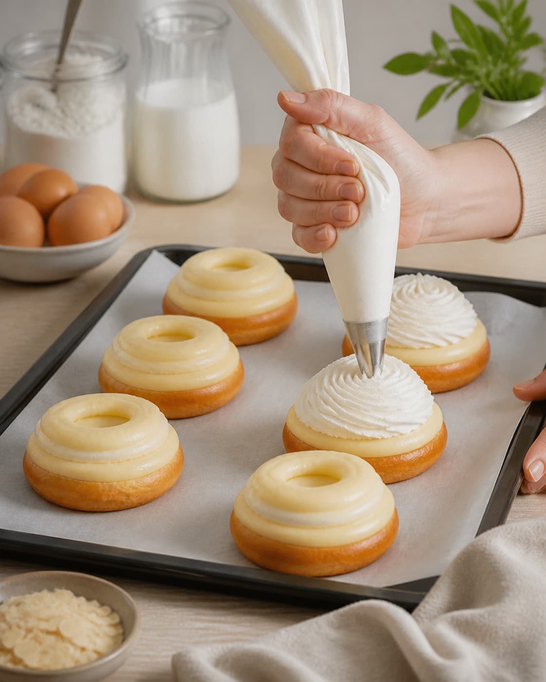 klassiske fastelavnsboller med flødeskum og creme being portioned evenly before baking under tilberedningen af klassiske fastelavnsboller med flødeskum og creme